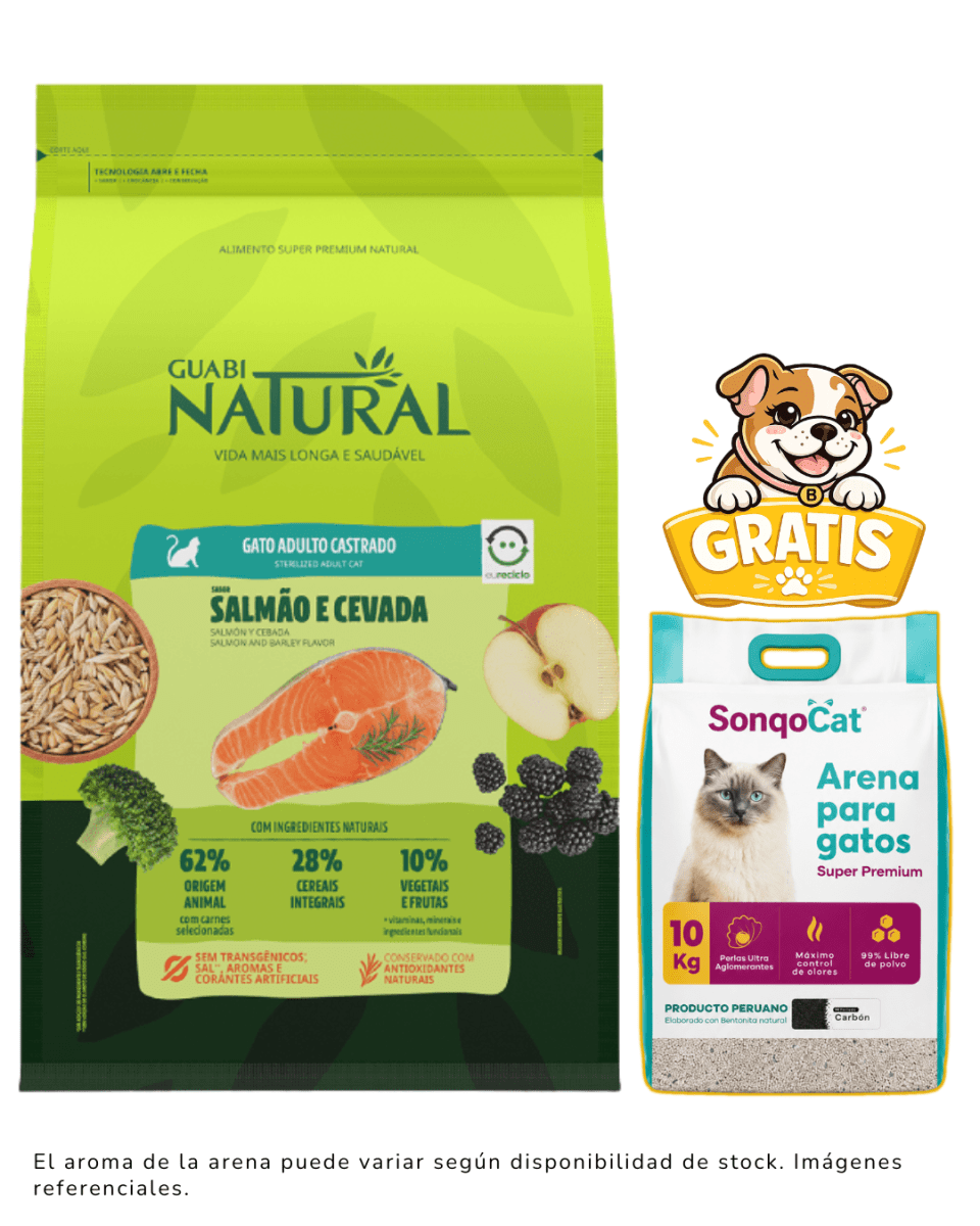 Guabi Natural Gato Adulto Castrado Salmón y Cebada 7.5kg + arena1
