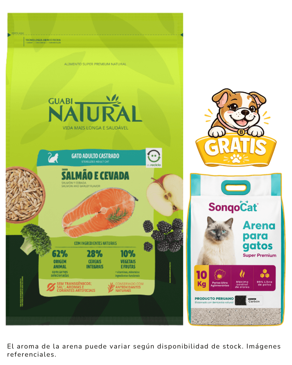 Guabi Natural Gato Adulto Castrado Salmón y Cebada 7.5kg + 1 arena gratis1