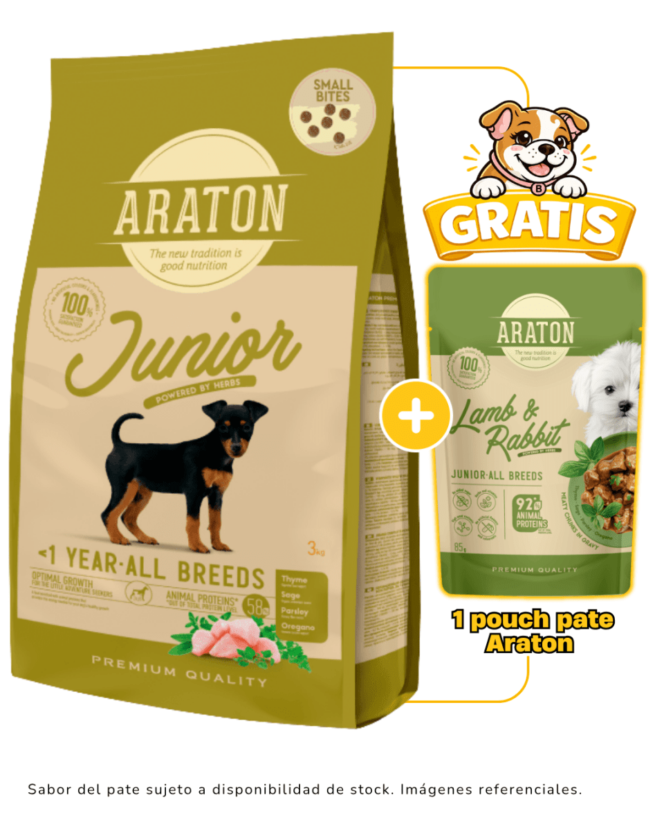 Araton Dog Junior Small Bite Pollo, Pato y Pavo 3kg + Pouch1
