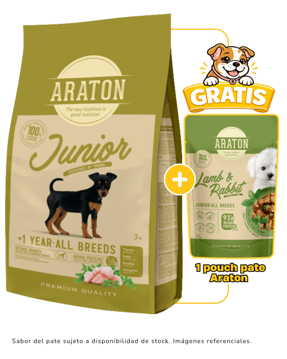 Araton Dog Junior All Breeds Pollo, Pato y Pavo 3kg + 1 pouch Araton gratis1