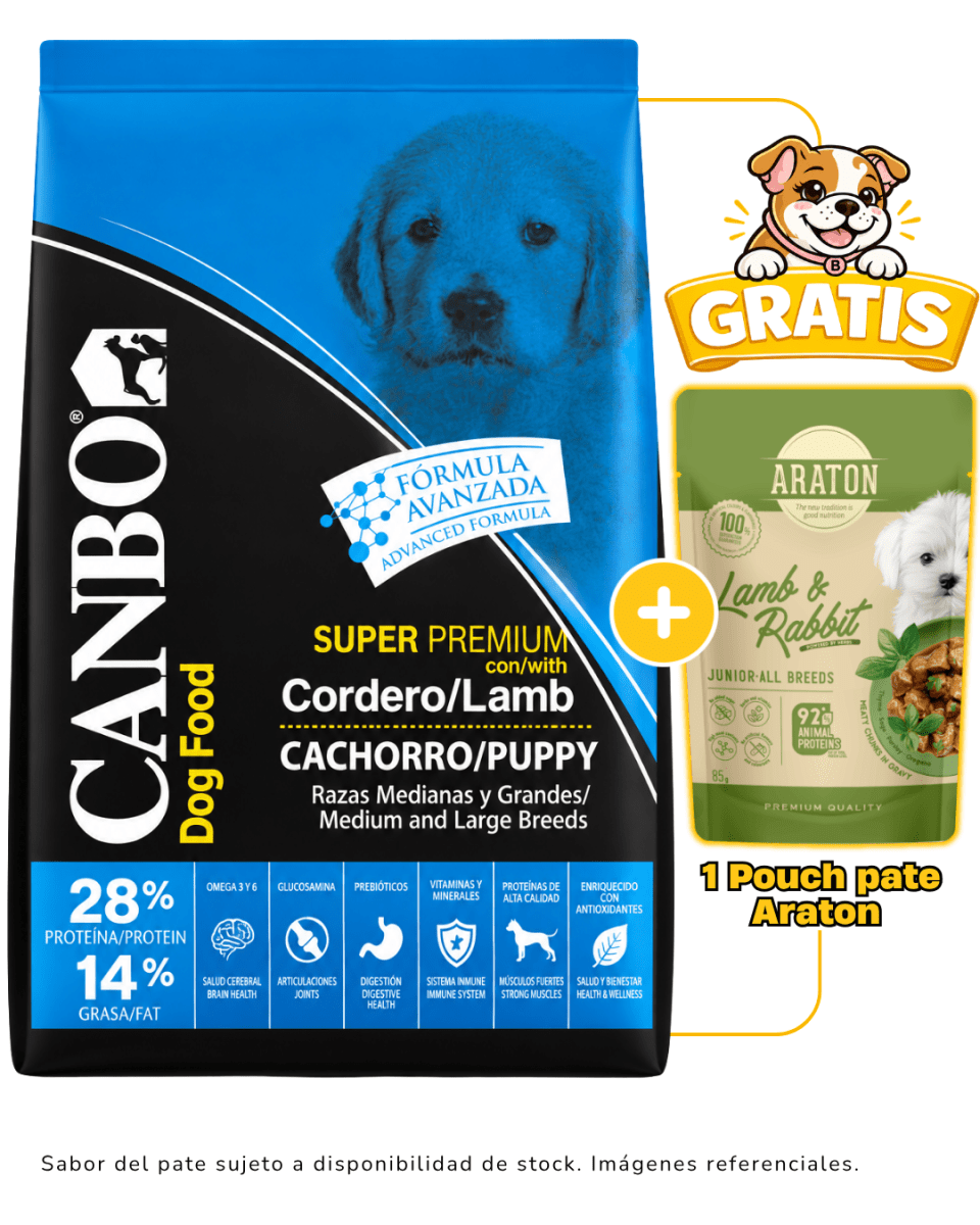 Canbo Cachorro Super Premium Cordero Razas Medianas y Grande 3kg + 1 pouch Araton gratis1