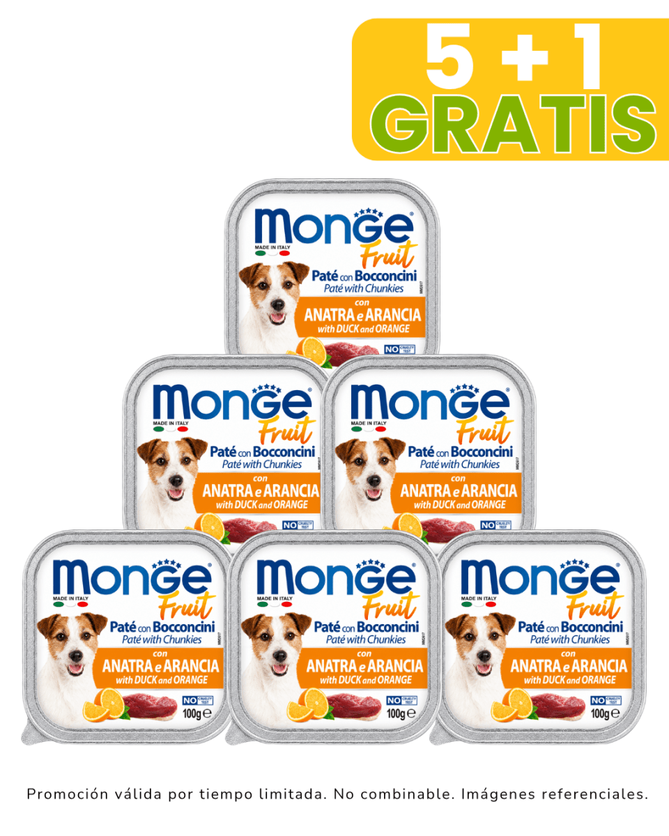 Monge Dog Fruit Pato y Naranja 100gr promoción 5 + 1 gratis1