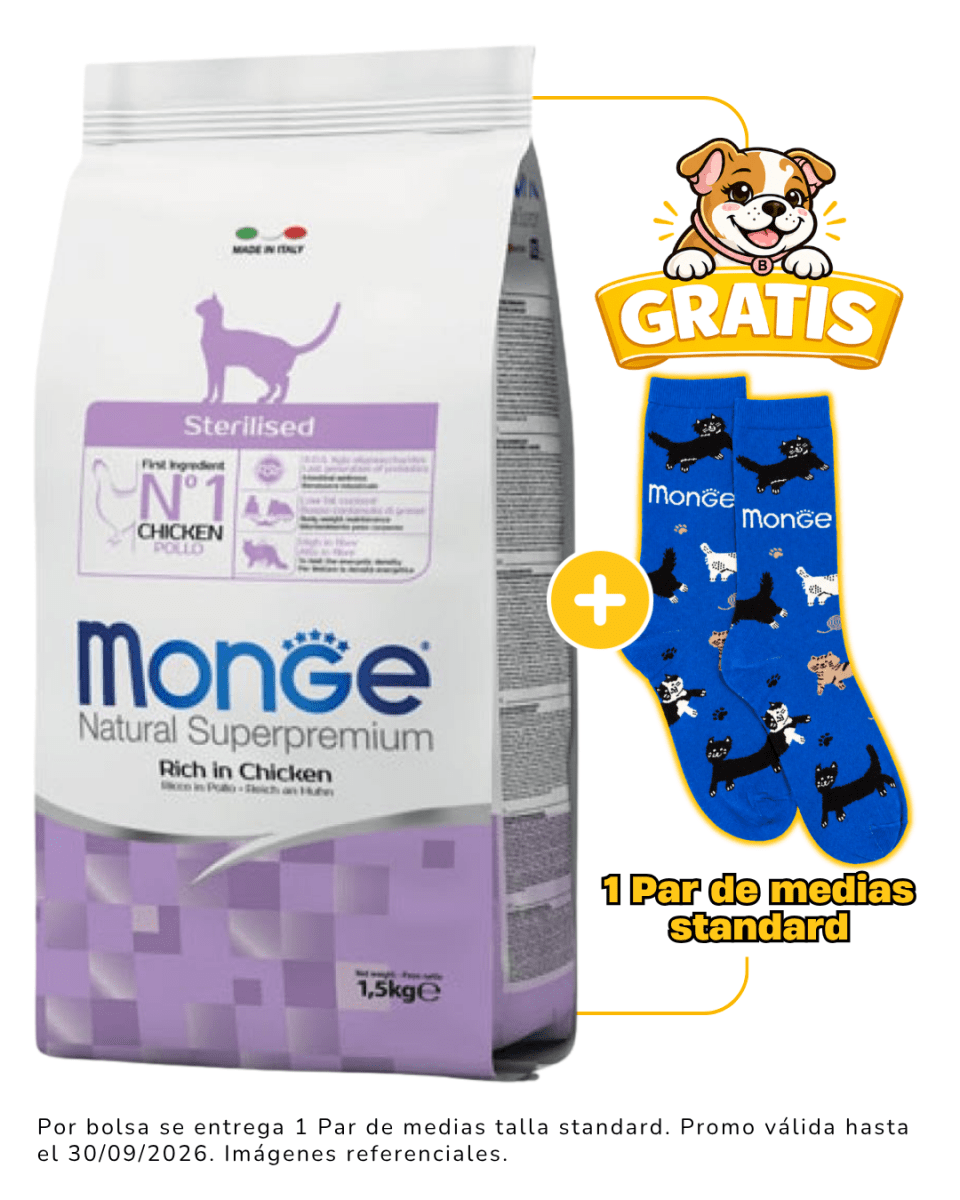 Monge Feline Adult Sterilised 1.5kg + 1 par de medias talla standard gratis1