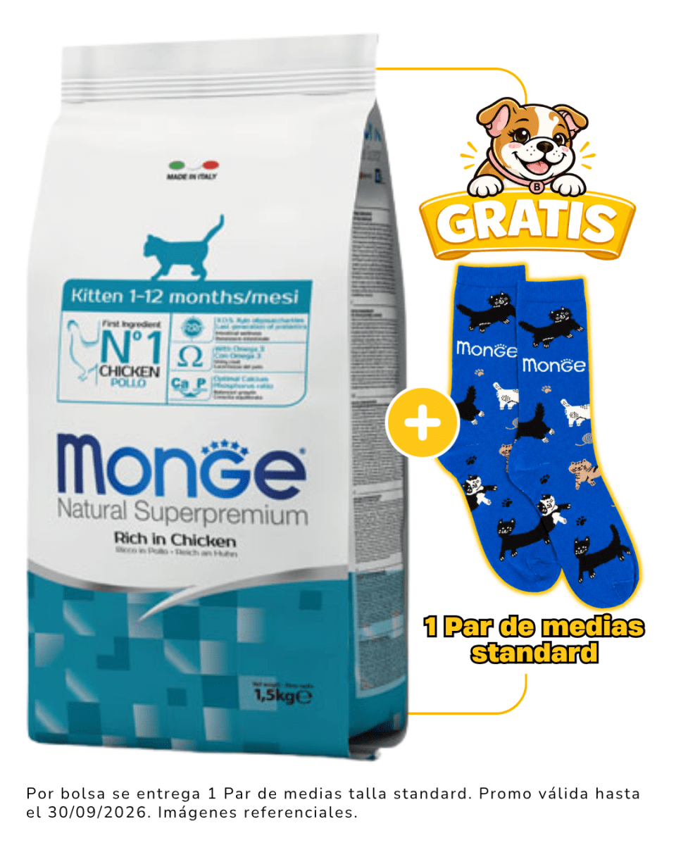 Monge Feline Kitten - 1.5kg + 1 par de medias talla standard gratis1