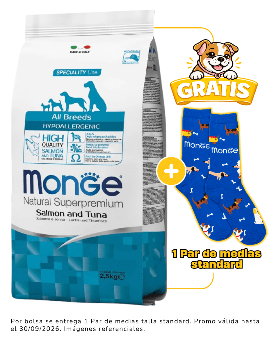 Monge Canine Hypoallergenic Salmón y Atún 2.5kg + 1 par de medias talla standard gratis1