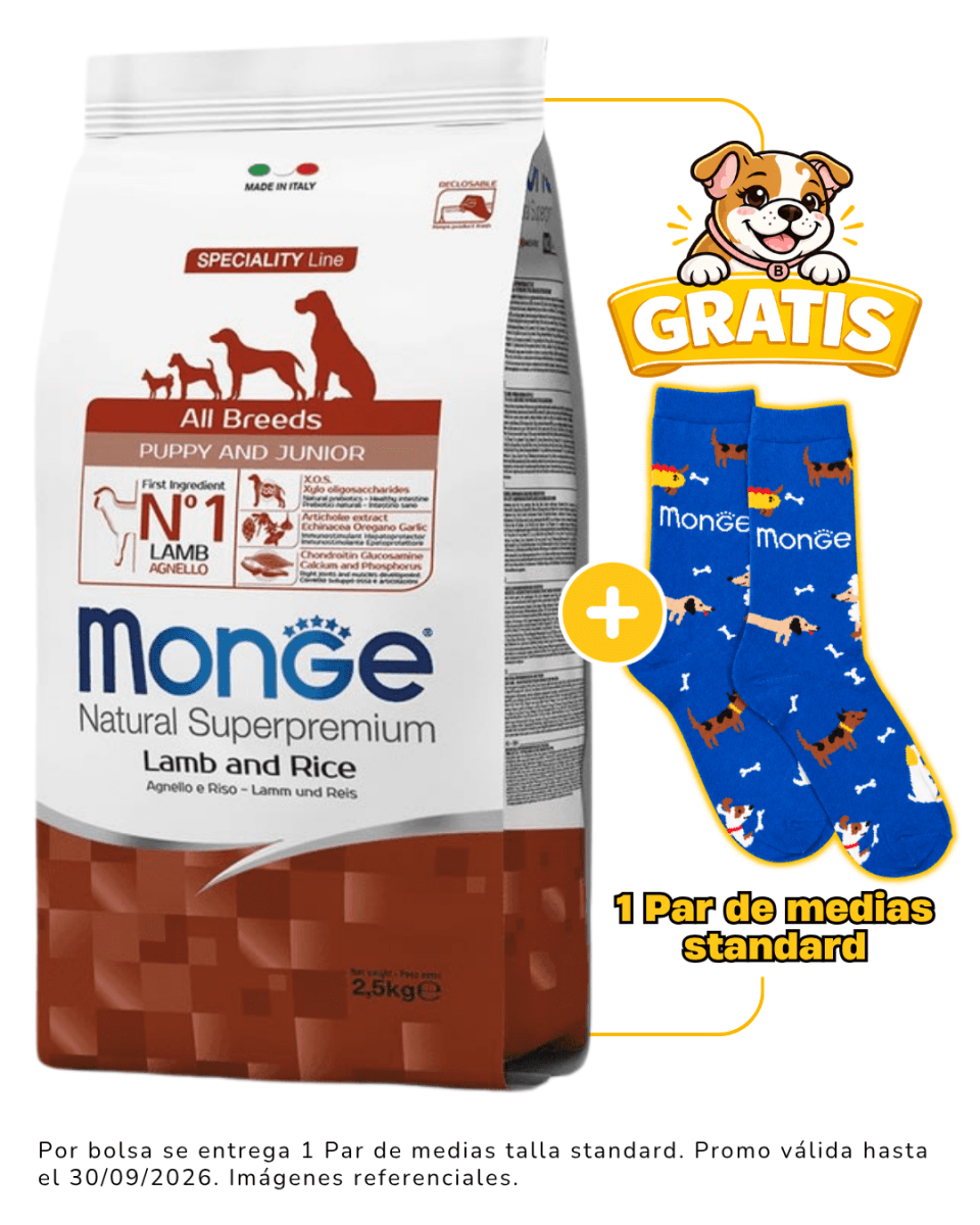 Monge Canine Puppy Cordero y Arroz 2.5kg + 1 par de medias talla standard gratis1
