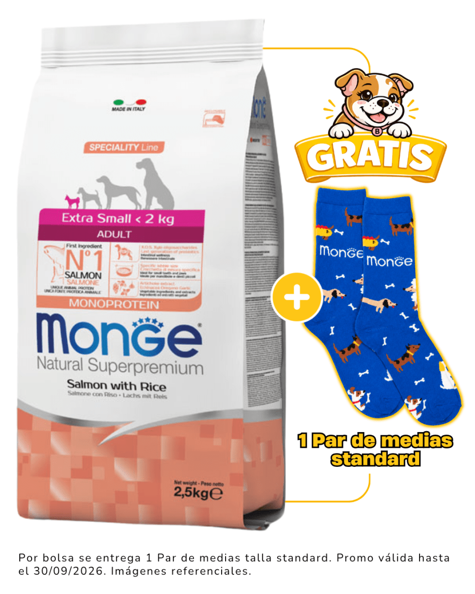 Monge Canine Adult Extra Small Salmon y Arroz - 2.5kg + 1 par de medias talla standard gratis1