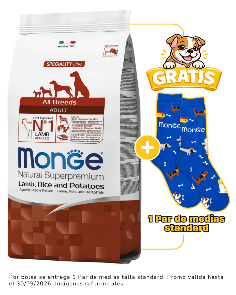 Monge Canine Adulto Cordero, Arroz y Papa - 2.5kg + 1 par de medias talla standard gratis1