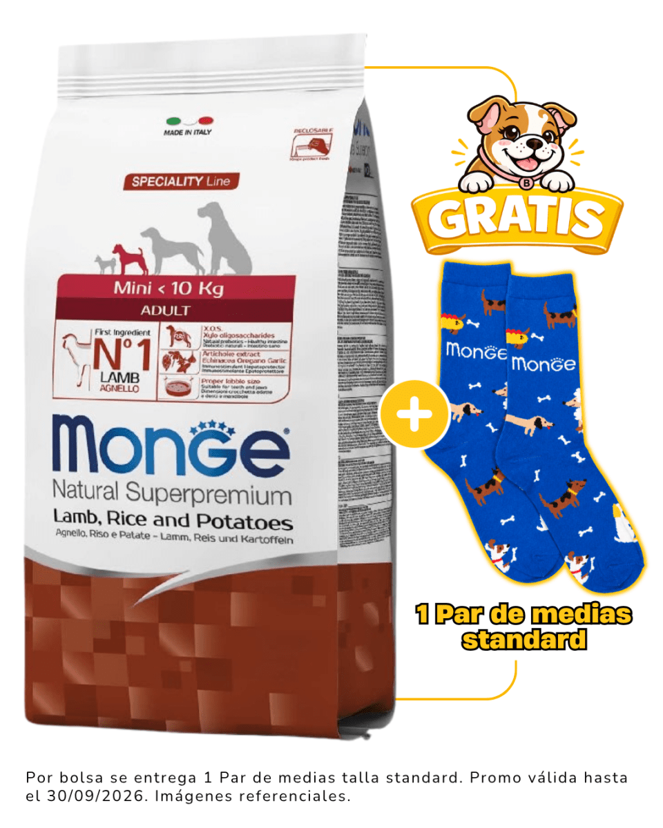 Monge Canine adult mini cordero, arroz y papa 2.5kg + 1 par de medias talla standard gratis1