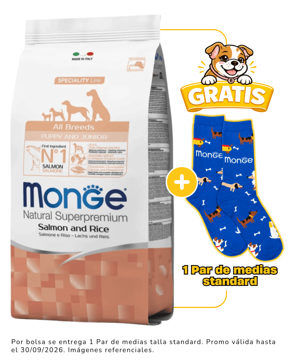 Monge Puppy Salmón y Arroz 2.5kg + 1 par de medias talla standard gratis1