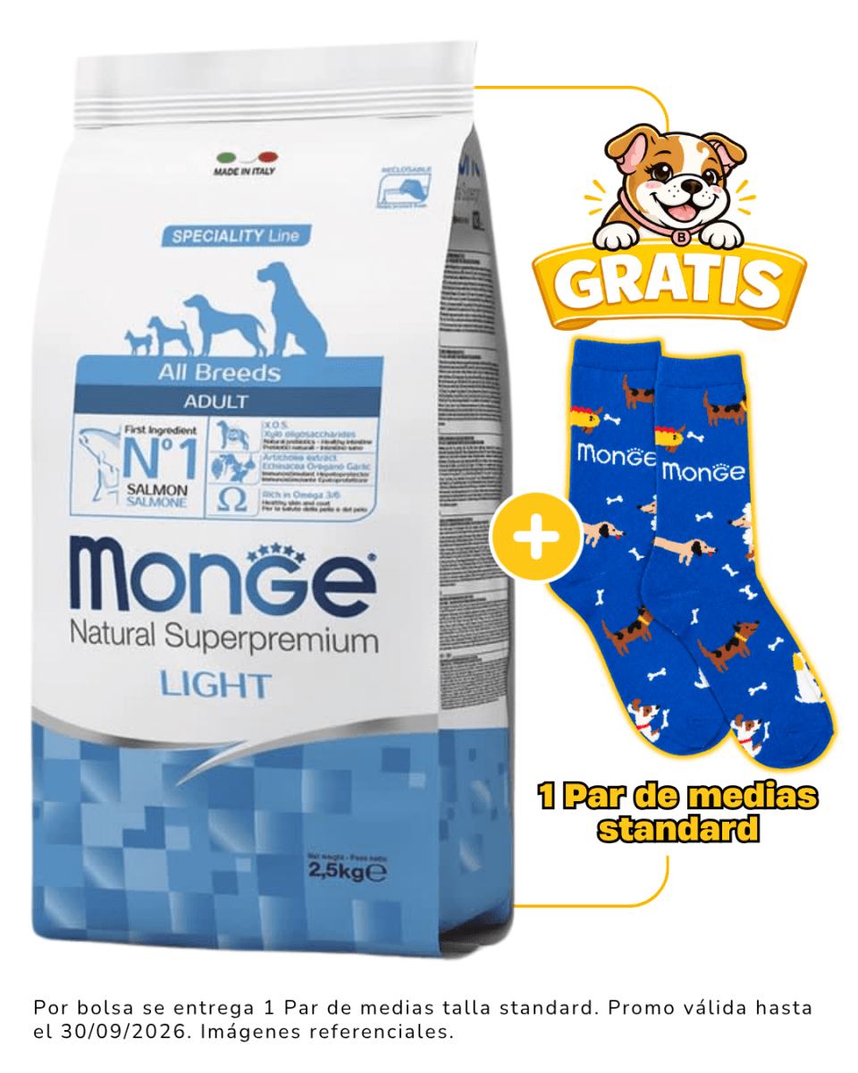 Monge Canine adult salmon Light 2.5 Kg + 1 par de medias talla standard gratis1