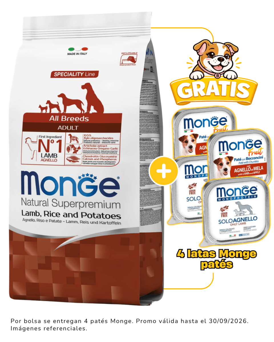 Monge Canine adult cordero, arroz y papa 12kg + 4 latas Monge alimento húmedo gratis1