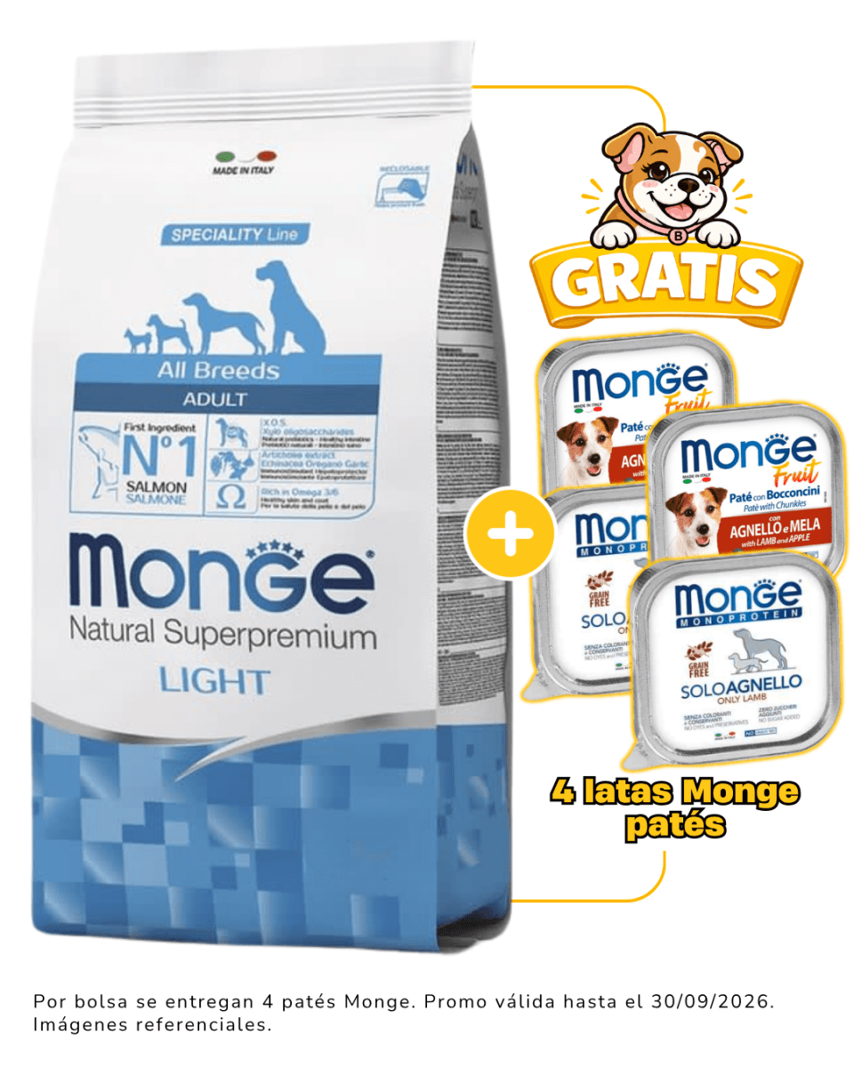 Monge Canine adult salmón Light 12kg + 4 latas Monge alimento húmedo gratis1