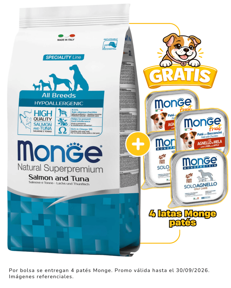 Monge Canine hypoallergenic salmón y atún 12kg + 4 latas Monge alimento húmedo gratis1