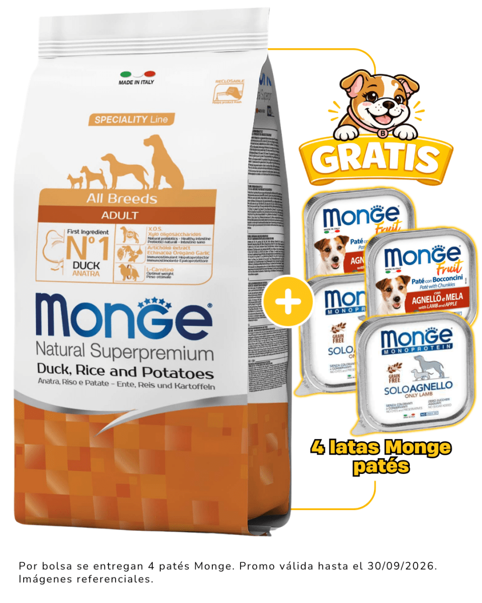 Monge Canine Adult Pato, Arroz y Papa 12kg + 4 latas Monge alimento húmedo gratis1