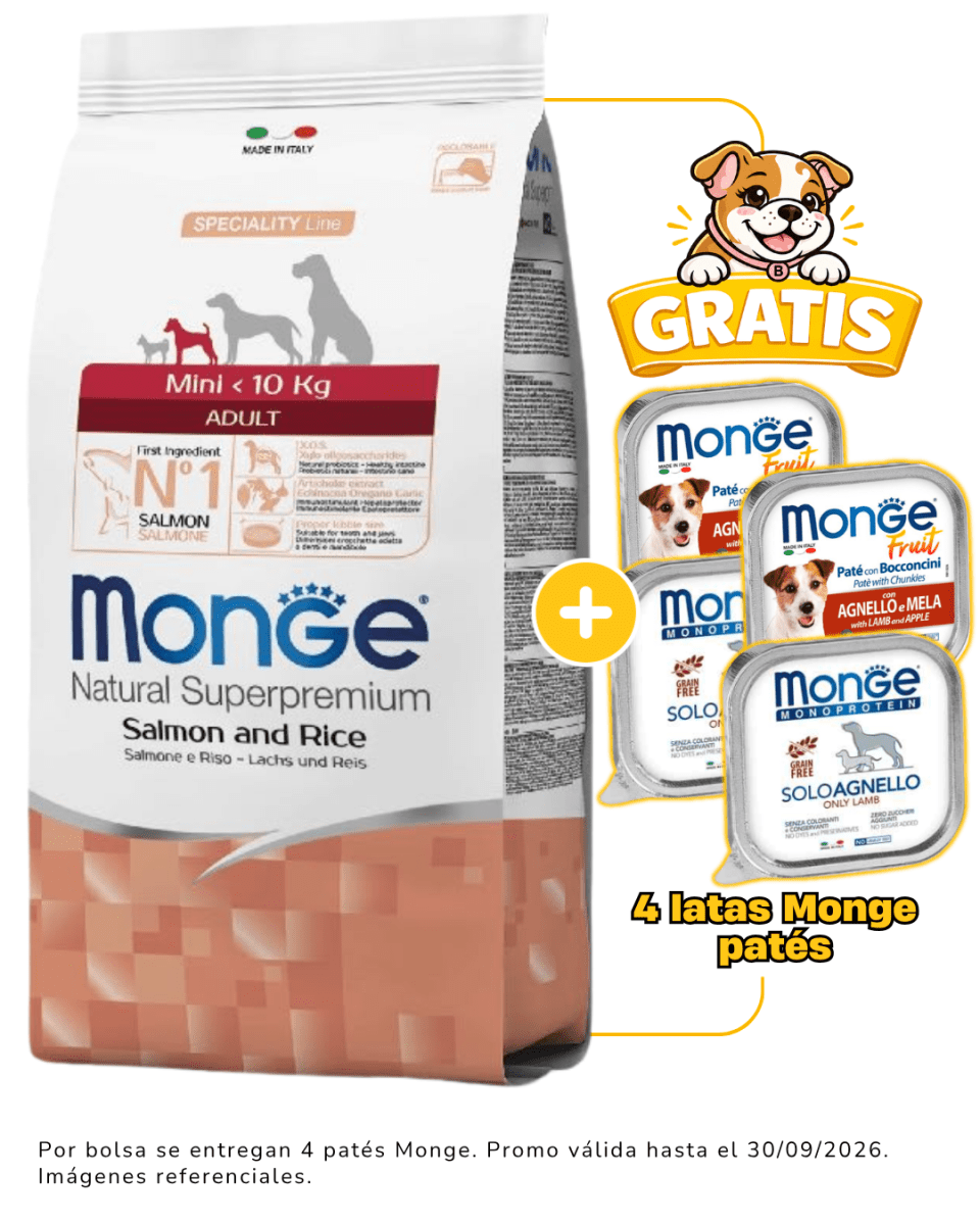Monge Adult Salmón y arroz – Adultos todas las razas 12kg + 4 latas Monge alimento húmedo gratis1
