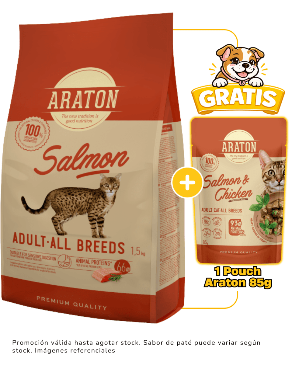 Araton Cat Adult All Breed Salmón 1.5kg + 1 pouch Araton 85g gratis1