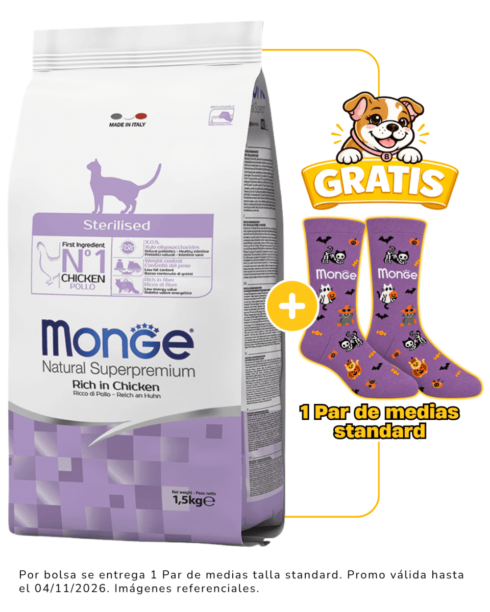 Monge Feline Adult Sterilised 1.5kg + 1 par de medias Halloween talla standard gratis1