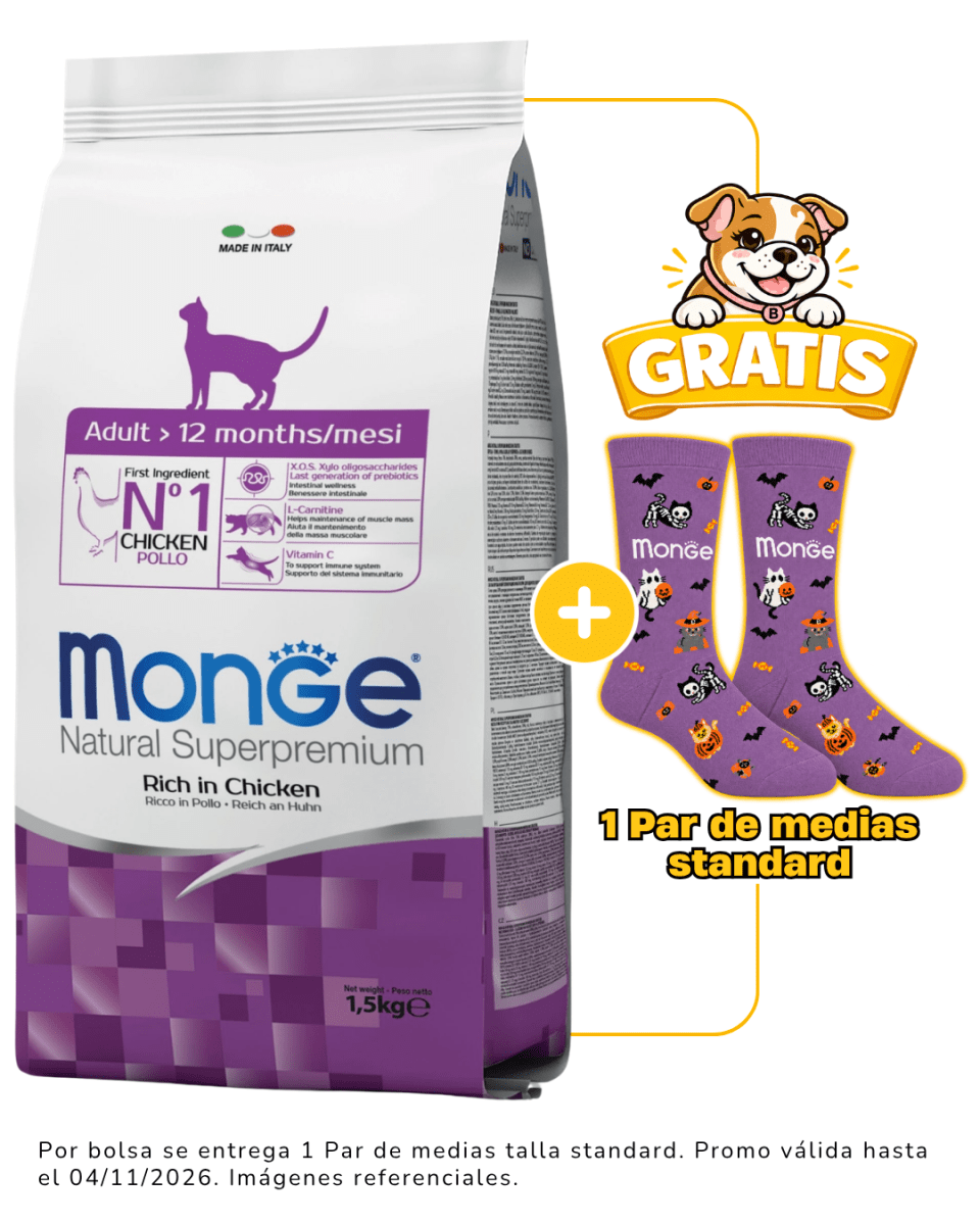 Monge Feline Adult - 1.5kg + 1 par de medias Halloween talla standard gratis1