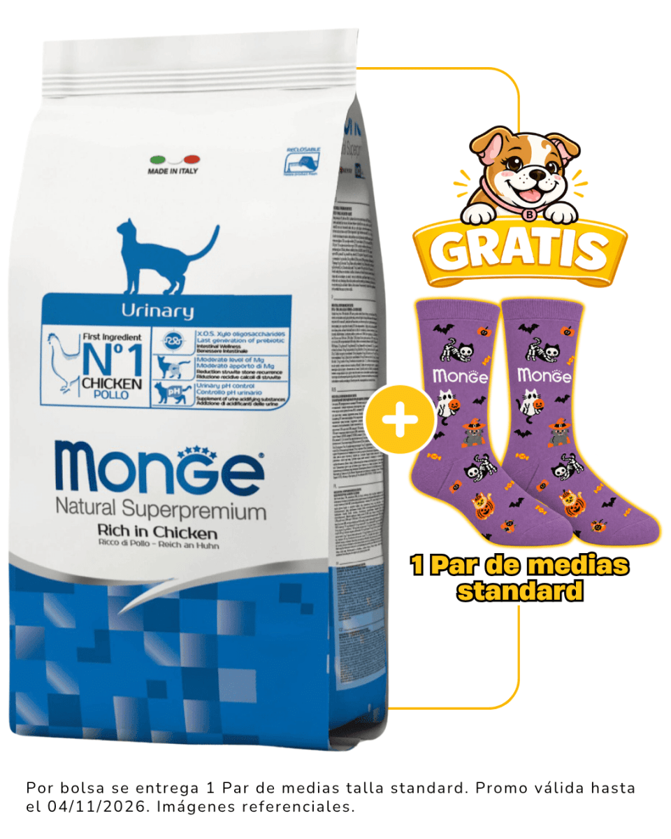 Monge Feline Urinary Chicken - 1.5kg + 1 par de medias Halloween talla standard gratis1