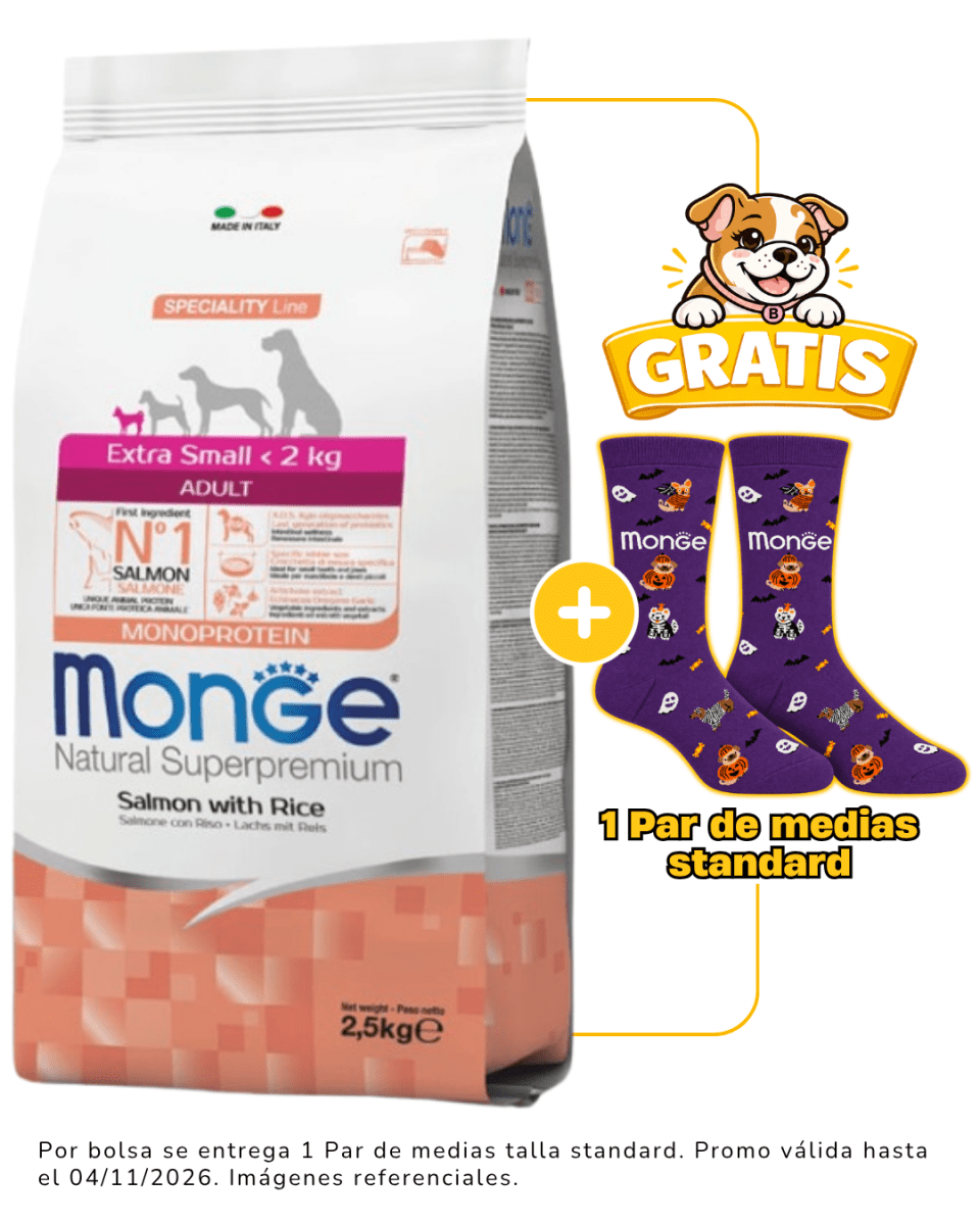 Monge Canine Adult Extra Small Salmon y Arroz - 2.5kg + 1 par de medias Halloween talla standard gratis1