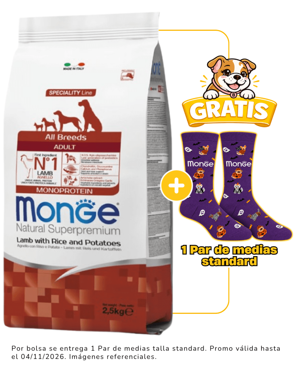 Monge Canine Adulto Cordero, Arroz y Papa 2.5kg + 1 par de medias Halloween talla standard gratis1