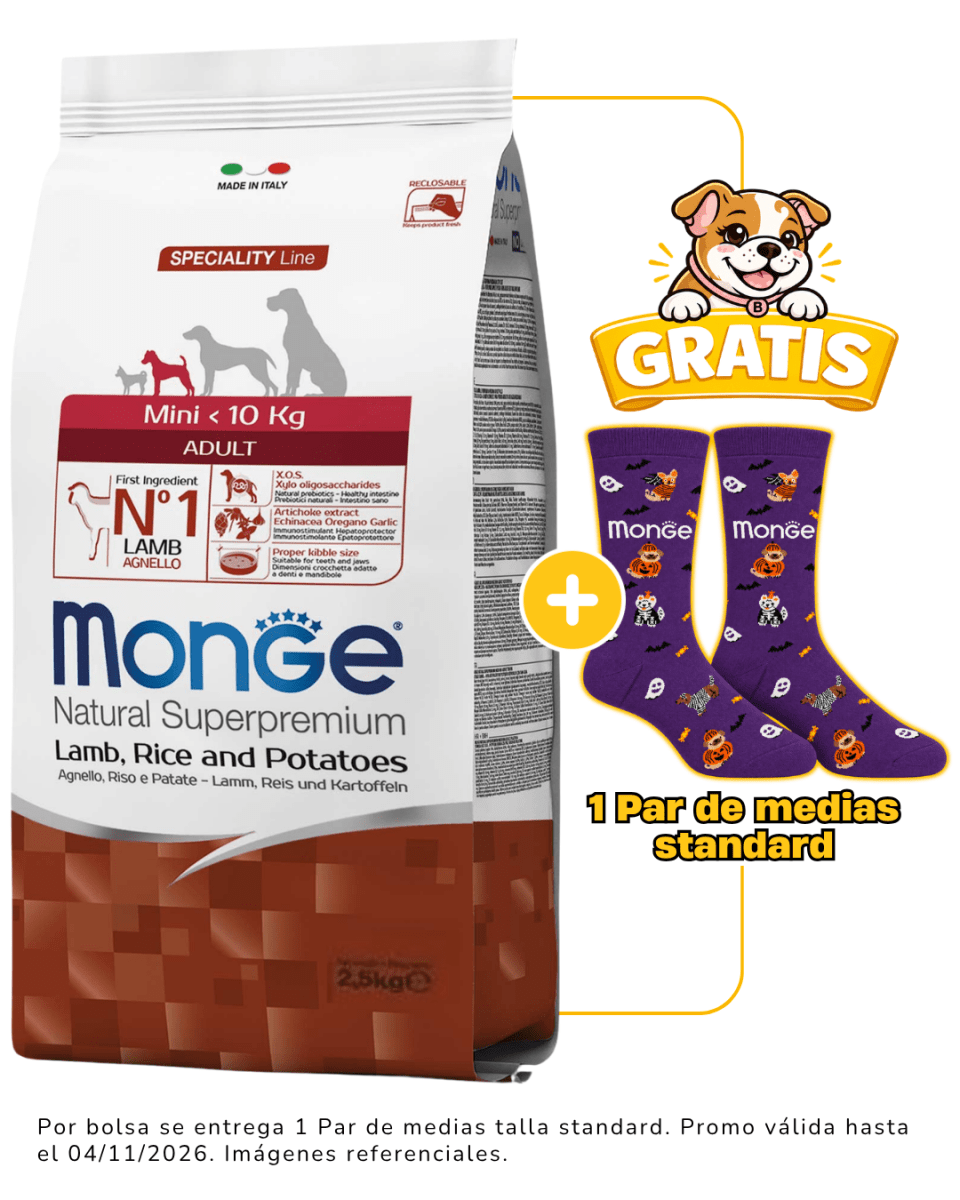 Monge Canine adult mini cordero, arroz y papa 2.5kg + 1 par de medias Halloween talla standard gratis1