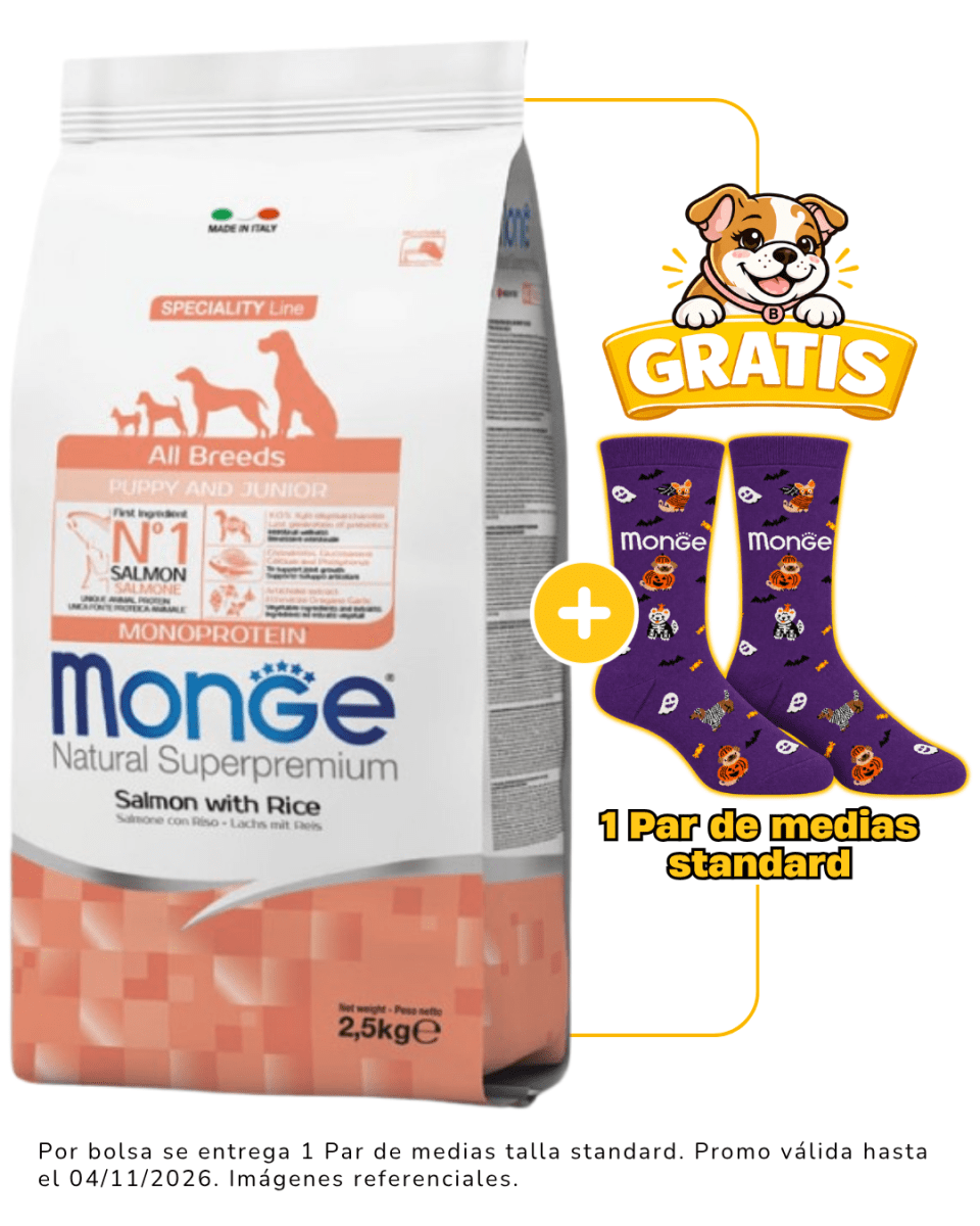 Monge Puppy Salmón y Arroz 2.5kg + 1 par de medias Halloween talla standard gratis1
