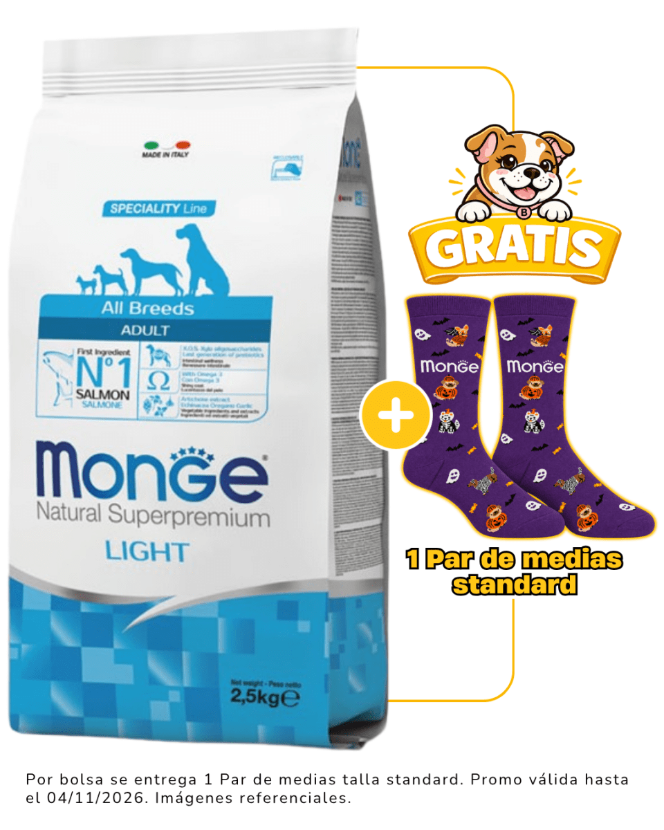 Monge Canine adult salmon Light 2.5 Kg + 1 par de medias Halloween talla standard gratis1
