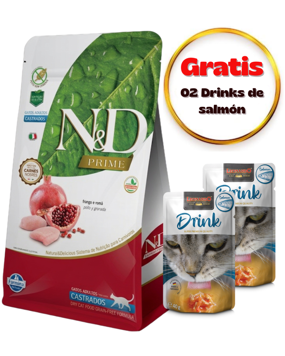 N&D Prime Gato Adulto Castrado (Pollo y Granada) 7.5kg + Pouch de regalo1