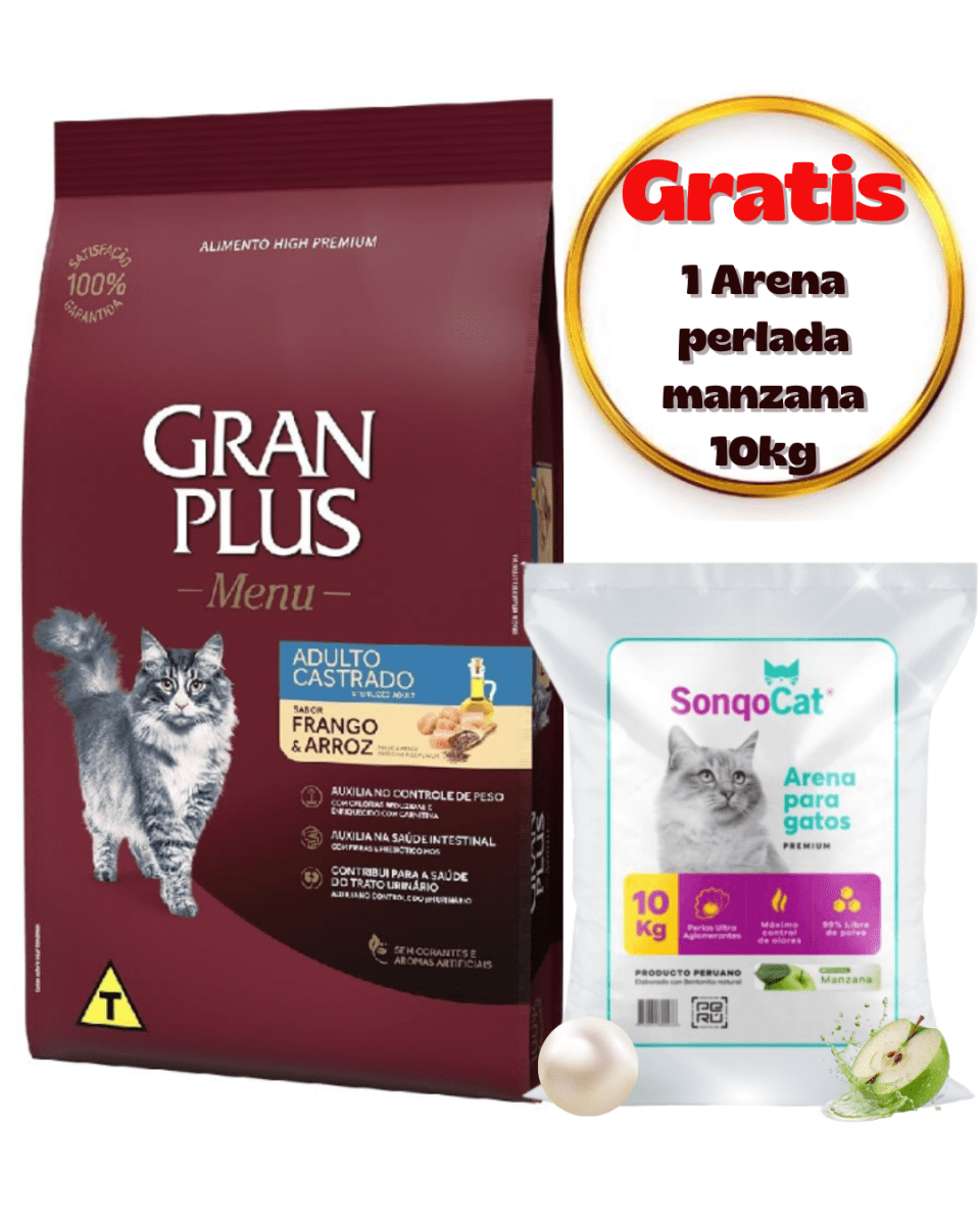 Gran Plus Gato adulto castrado pollo & arroz 10 Kg - Promo Arena Sonqocat1