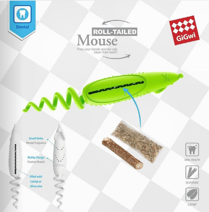 GIGWI RATON VERDE CON BOLSA PARA CATNIP (ROLL TAILED)3