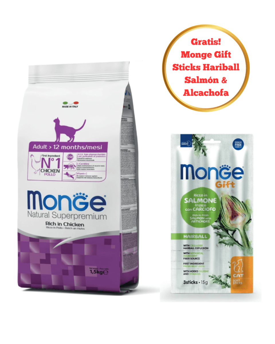 Monge Feline Adult 1.5kg - Promo Monge Gift Soft Sticks Hairball Cat1