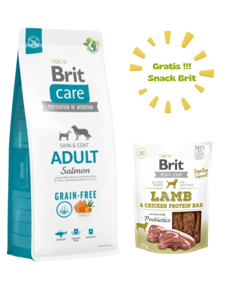 BRIT CARE GRAIN FREE ADULT SALMÓN 12kg - PROMO SNACK BRIT JERKY LAMB & CHICKEN1