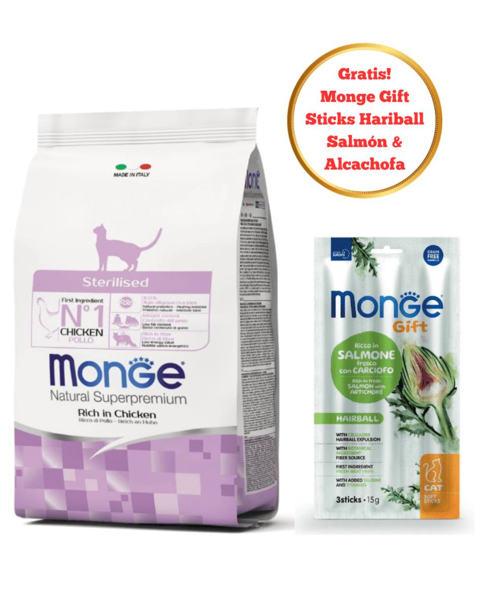 Monge Feline Adult Sterilised 1.5kg - Promo Monge Gift Soft Sticks Hariball Cat1