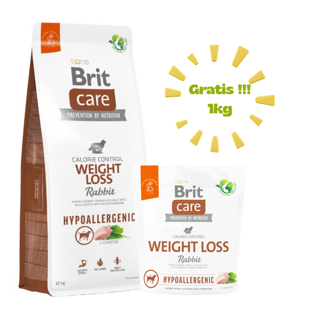 BRIT CARE DOG HYPOALLERGENIC WEIGHT LOSS RABBIT & RICE 12kg - Promo + 01 Bolsa de 1kg1