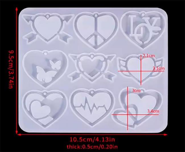 MOLDE DE SILICONA PLANTILLA x 9 CORAZONES DISTINTAS FORMAS1