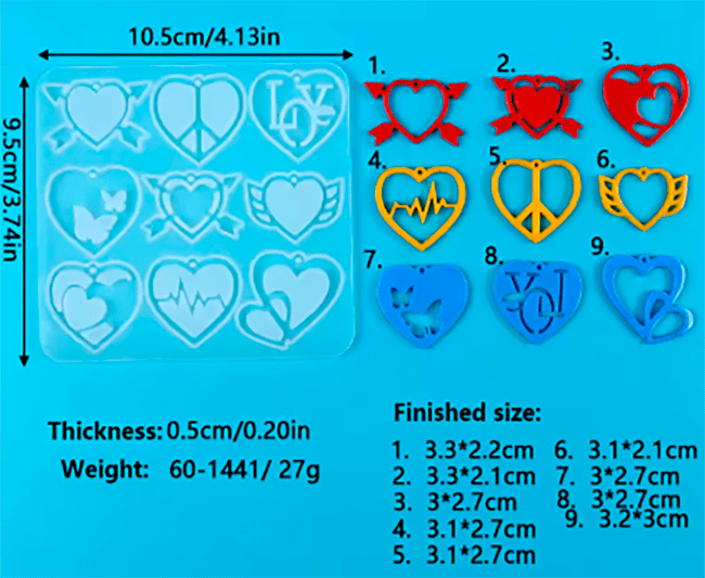 MOLDE DE SILICONA PLANTILLA x 9 CORAZONES DISTINTAS FORMAS2