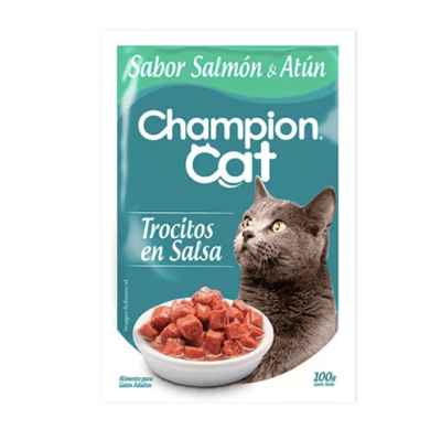 CHAMPION CAT TROCITOS EN SALSA SALMON & ATÚN 100GRS1