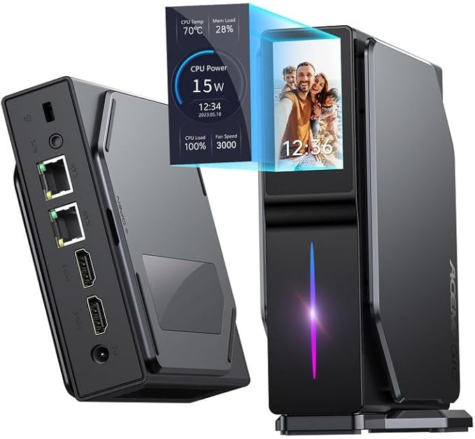 MINI PC ACEMAGIC PROC. CELERON N95 | 16GB RAM | 512GB SSD M.2 | PANTALLA LED | RGB | BLACK | W11 0