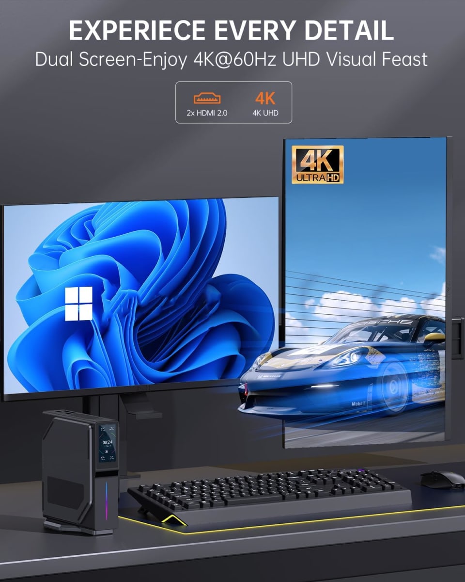 MINI PC ACEMAGIC PROC. CELERON N95 | 16GB RAM | 512GB SSD M.2 | PANTALLA LED | RGB | BLACK | W112