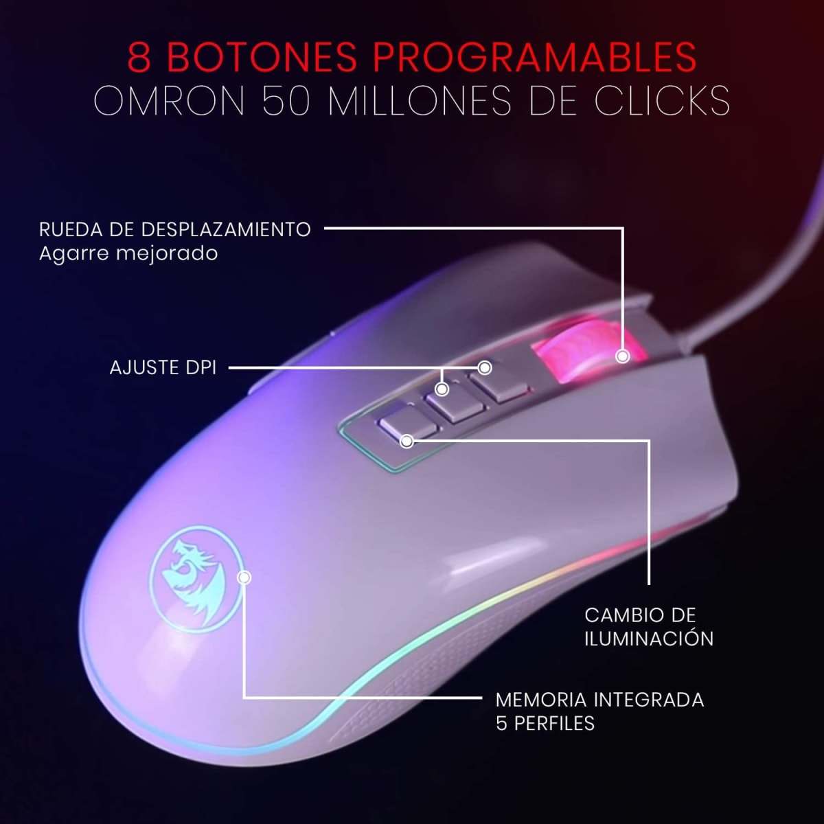 MOUSE REDRAGON COBRA M711W 10000DPI BLANCO3