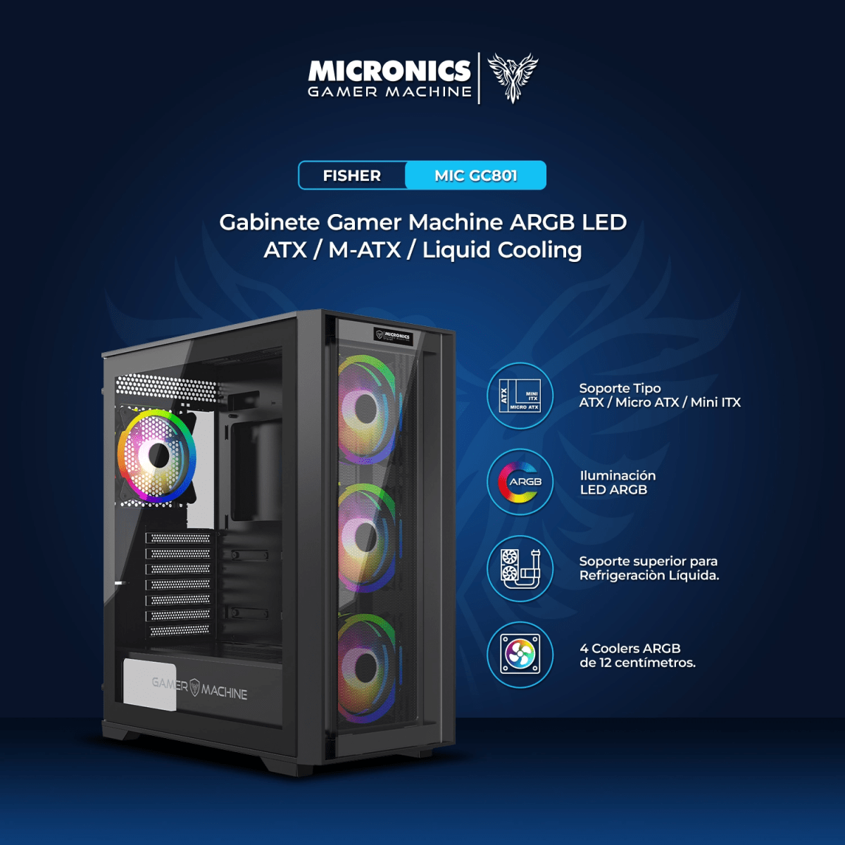 CASE MICRONICS FISHER MIC GC801 USB3.0 4FAN ARGB ATX NEGRO3