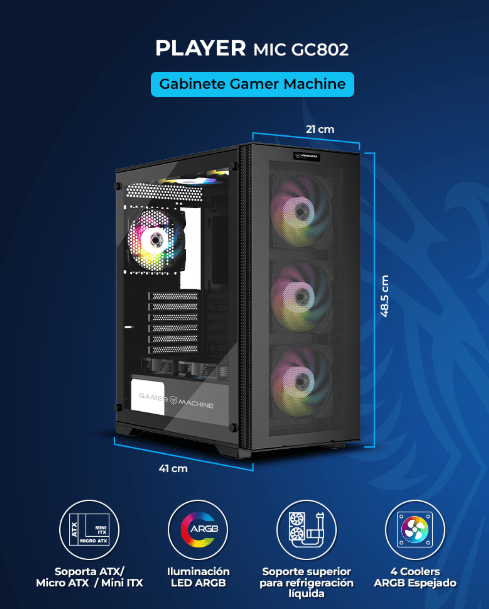 CASE MICRONICS PLAYER MIC GC802 USB3.0 4FAN ARGB ATX NEGRO3