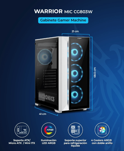 CASE MICRONICS WARRIOR MIC CG803W USB3.0 ATX 4FAN ARGB BLANCO6