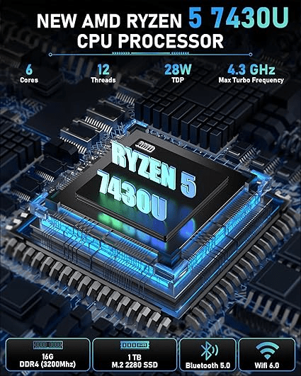 MINI PC GETORLI GT103 RYZEN 5 7430U 16GB DDR4 1TB M.2 HDMI 4K USB RJ45 WF BT2