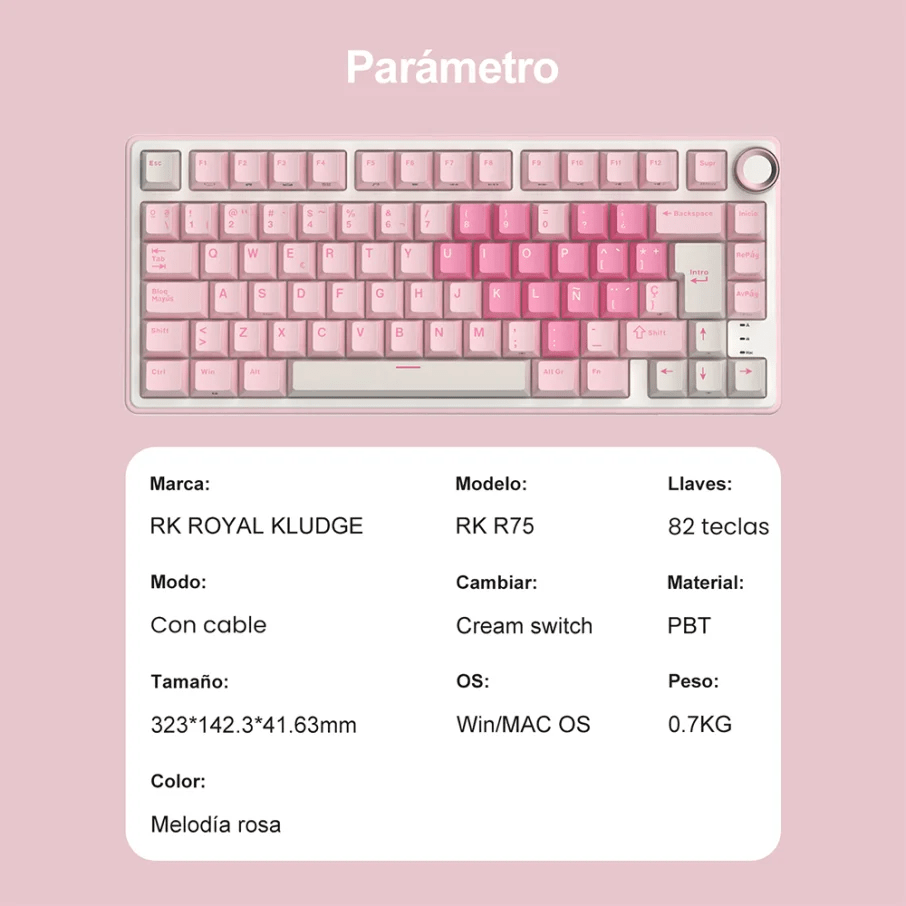 TECLADO MECANICO ROYAL KLUDGE RK-R75 ALAMBRICO RGB SP (SW-CREAMY) PINK MELODY5