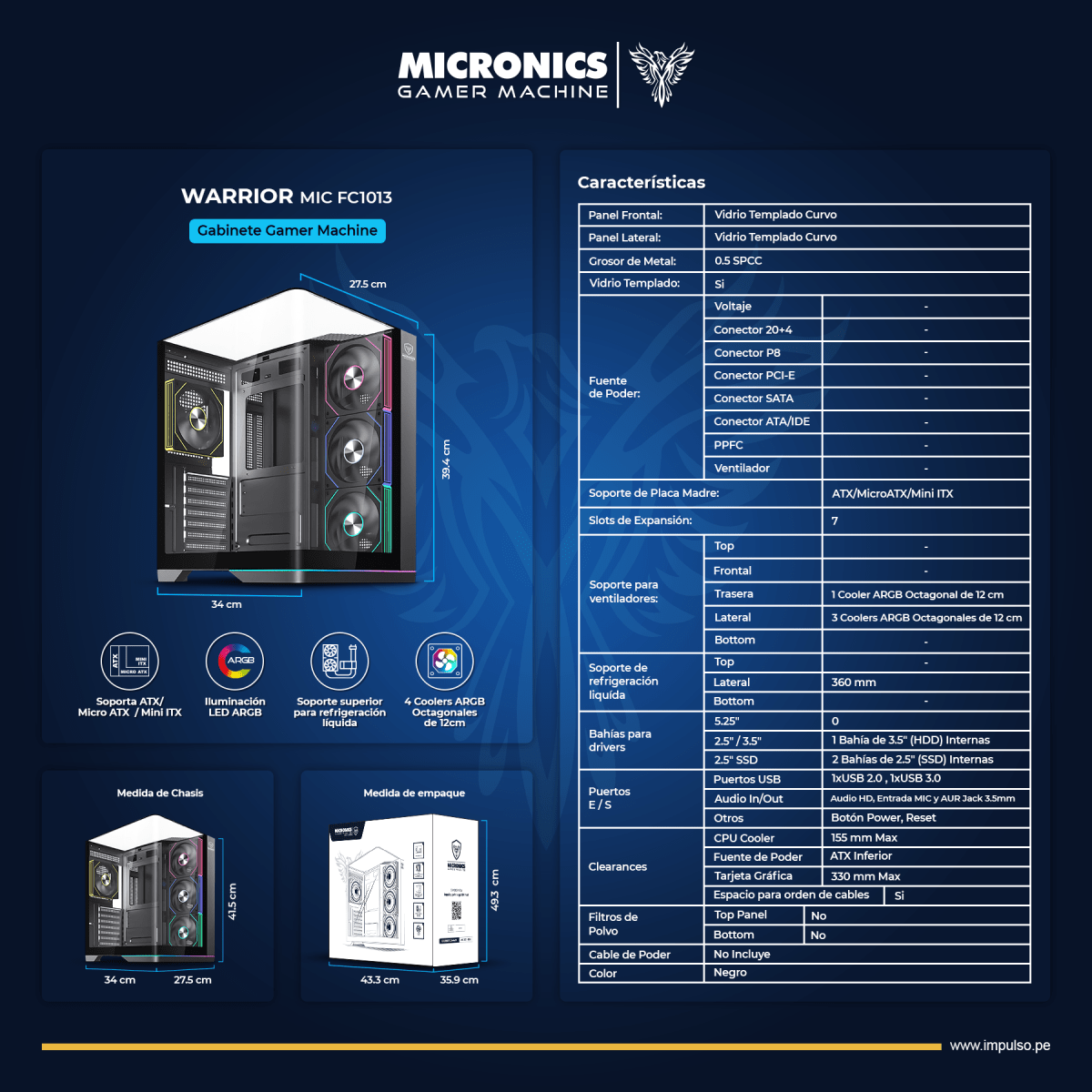 CASE MICRONICS WARRIOR MIC FC1013 4 FAN ARGB ATX NEGRO2