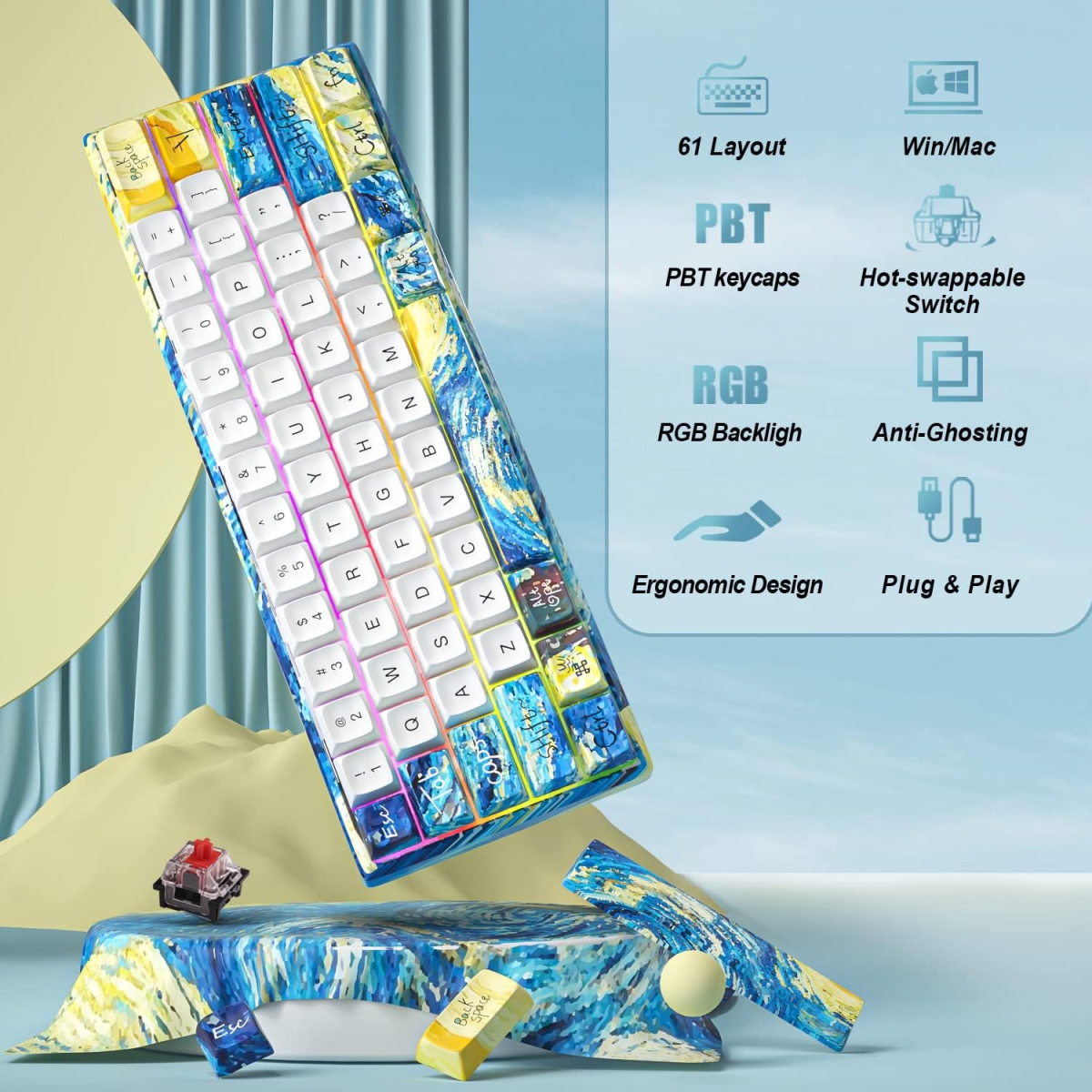 TECLADO MECANICO MIHIYIRY G1000 BLUETOOTH 2.4GHZ USB-C 60% RGB (SW-SMOOTH YELLOW)2