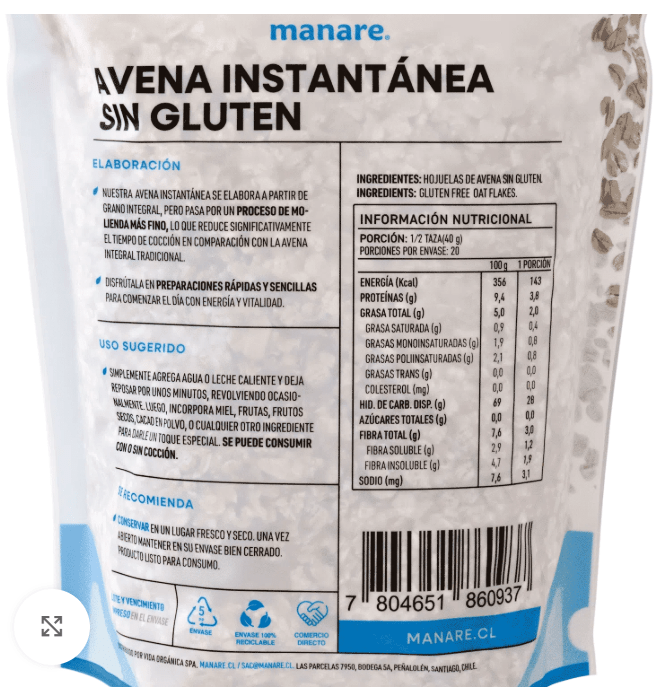 Avena Integral Sin Gluten - Manare 800 g1